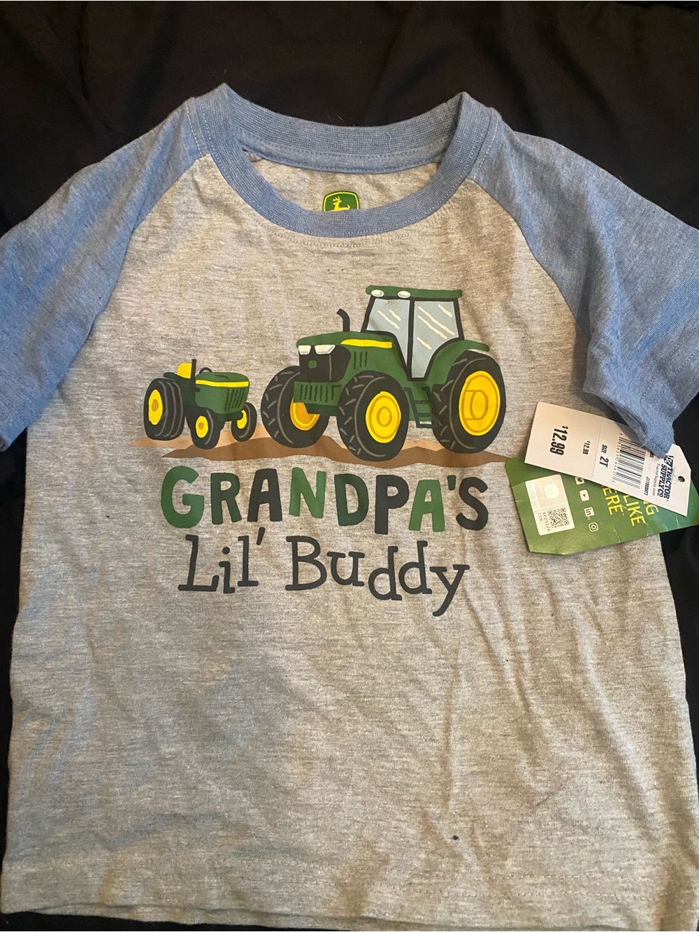 John Deere Grey Tee with Blue Raglan Sleeves and Green Tractor Print